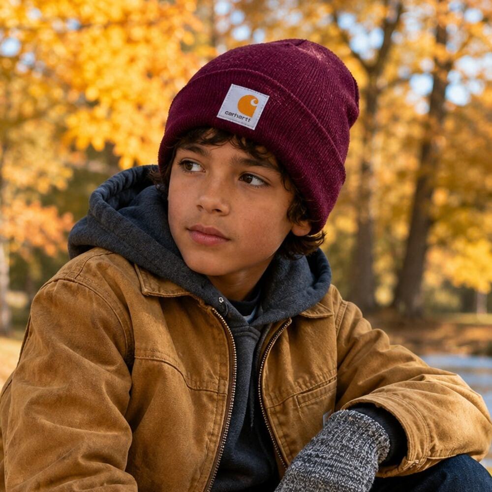 Carhartt Youth Acrylic Knit Cuffed Beanie Hat Burgundy One Size